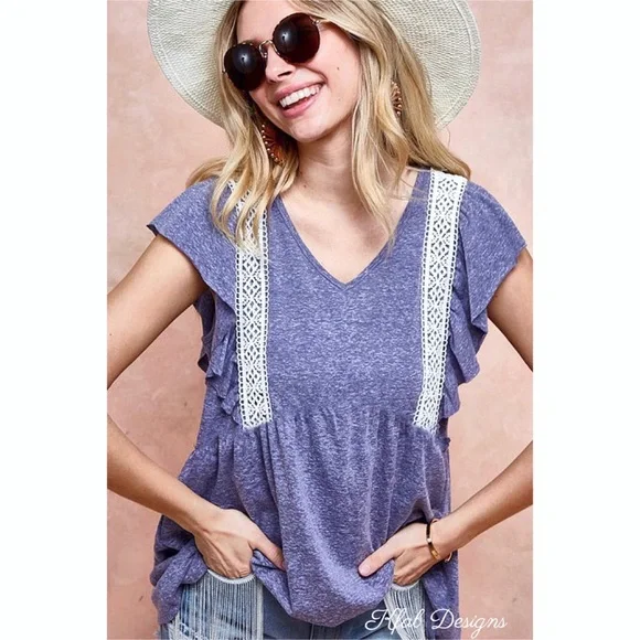 ❤️NEW! V Neck Tri Blend Soft Knit Top with Crochet Lace Detail! - Picture 3 of 10